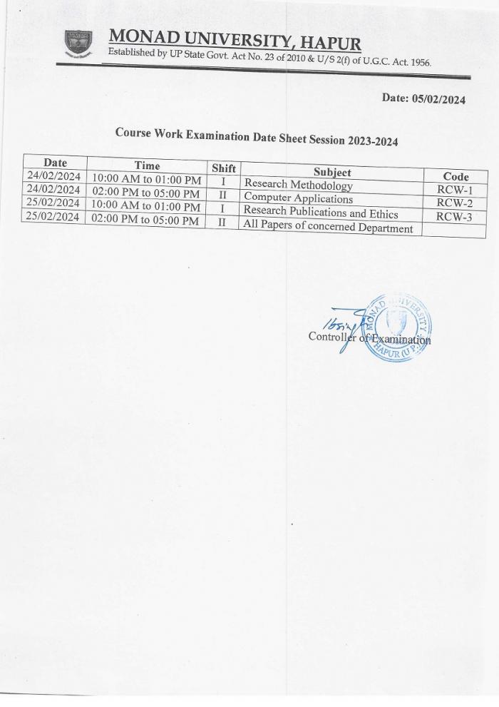 Course Work Exam Date Sheet 2023-2024
